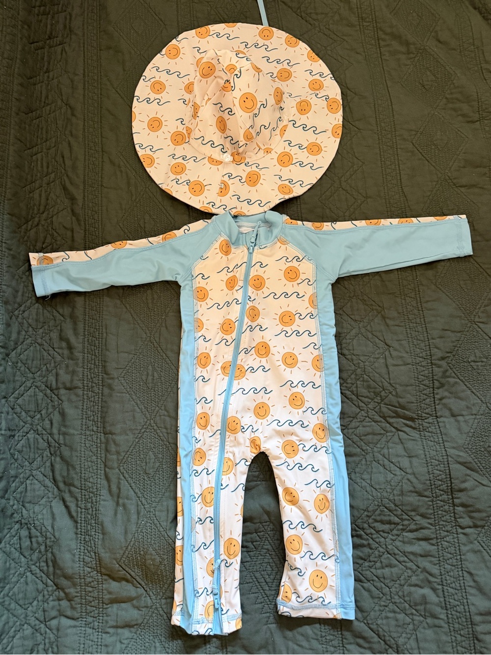Kids Sun Smiles Light Blue Rashguard One-Piece with Matching Hat- Caden Lane